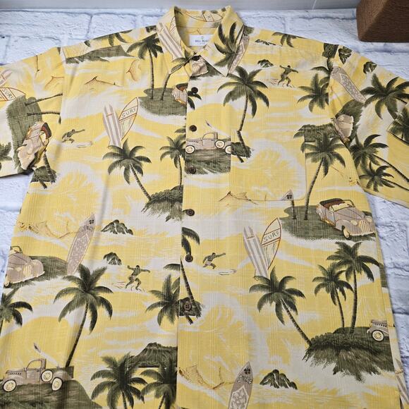 Bill Blass Silk Hawaiian Short Sleeve Button Shirt Vacation Surf Yellow sz Large - Picture 2 of 15